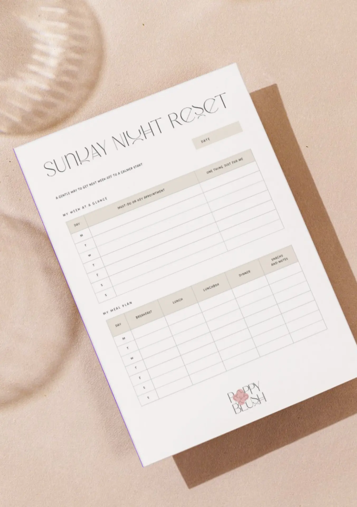 Sunday night reset planner